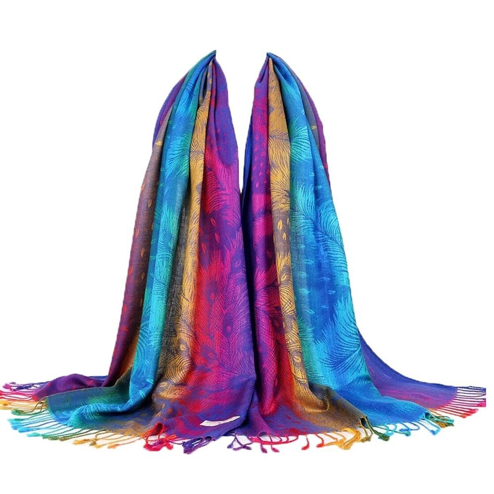 8819 Colorful Scarf Wraps For Womens Tassel Shawl Wrap Ethnic Peacock Print